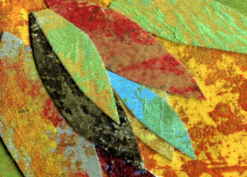May include: Abstract artwork featuring overlapping, textured shapes in various colors. The composition includes leaf-like forms in green, red, and blue, set against a yellow and orange background. The artwork has a handmade, artistic feel.