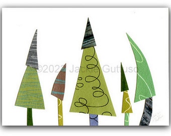 Whimsical Christmas tree painting print, 5 x 7", Acrylic, Giclee, Collage, Modern holiday decor