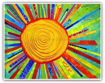 Sun painting print, Giclee,  11 x 14, Colorful wall art, Collage, Bright colored sun art print, Sunshine nursery art