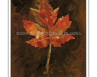 May include: A single red maple leaf with a textured, aged appearance, set against a dark brown background. The leaf is slightly tilted to the right, with the stem pointing down. The background has a mottled, textured look, suggesting a watercolor or mixed media painting. The image is signed "Jackie Guttuoso" in the lower right corner.