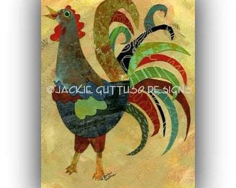 5 x 7" Chicken art print, Giclee, Farmhouse kitchen art, Farm animal nursery art decor, Acrylic painting print, Whimsical rooster collage