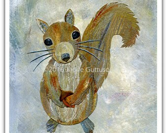 Acrylic squirrel painting print, 8 x 10" Giclee, Collage, Fall decor, Woodland nursery art, Acorn, Cabin art, Mountain animal art print