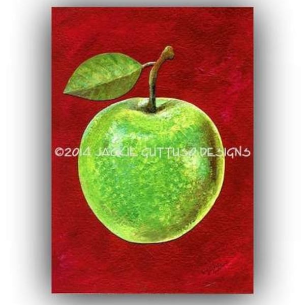 Green apple painting print 5 x 7" Acrylic, Giclee print, Granny smith apple decor, Colorful kitchen wall art, Gift under 30