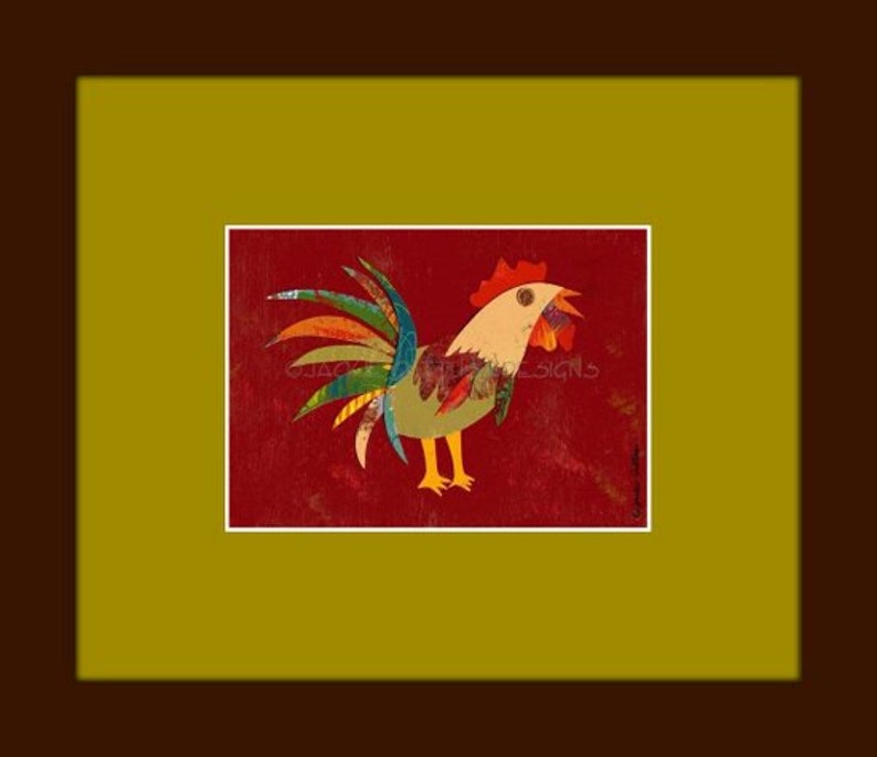 5 x 7" Whimsical rooster art print, Giclee, Collage, Rustic farmhouse chicken decor, Farm animal nursery art, Acrylic rooster painting print bild 4