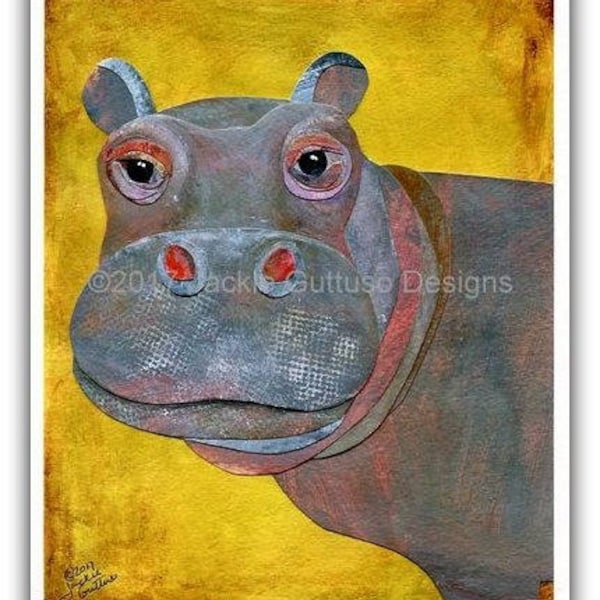 Hippo collage art print, 8 x 10" giclee, Endangered jungle animal nursery art, Acrylic painting print, Jungle room decor, Safari wall art