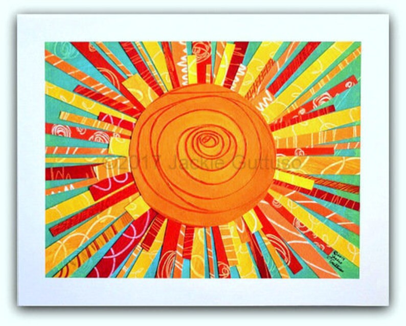 Sun Art Print, 9 X 12 Sun Painting, Colorful Wall Art, Collage, Bright