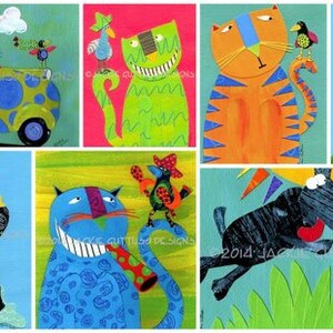 May include: A collage of colorful illustrations featuring cats, dogs, and birds. The images are painted in a whimsical style with bright colors and bold lines. The images are arranged in a grid pattern.