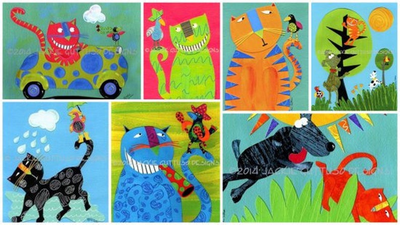 May include: A collage of colorful illustrations featuring cats, dogs, and birds. The images are painted in a whimsical style with bright colors and bold lines. The images are arranged in a grid pattern.