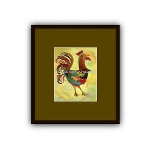 May include: A colorful rooster illustration with a yellow background. The rooster is made up of different colored shapes and patterns.