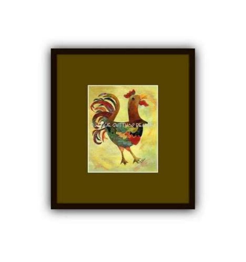 May include: A colorful rooster illustration with a yellow background. The rooster is made up of different colored shapes and patterns.