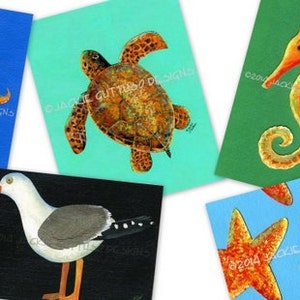 Puede incluir: Cinco ilustraciones coloridas de criaturas marinas sobre un fondo blanco. Las ilustraciones incluyen un pulpo, una tortuga marina, un caballito de mar y dos estrellas de mar.