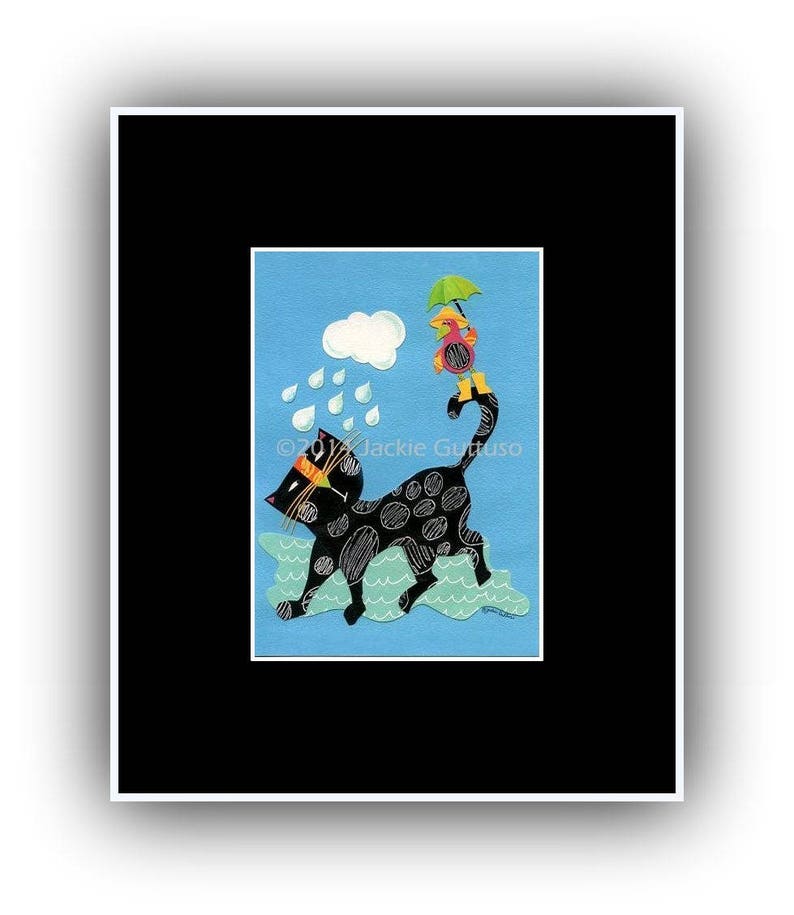 May include: A black cat with white spots walks through a blue rainstorm. A small bird with a yellow umbrella sits on the cat's back. The text "Jackie Gutuso" is in the lower right corner of the image.