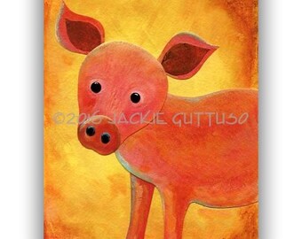 Pig painting print, 5 x 7 Acrylic, Giclee, Pig collage art, Farm animal nursery wall art