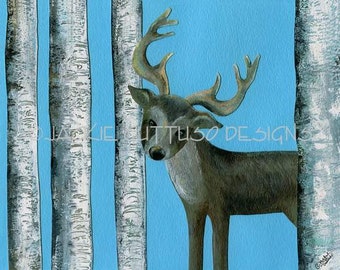 Reindeer art, 8 x 10" Giclee, Acrylic deer painting print, Winter holiday decor, Animal collage, Woodland nursery art, Birch tree, Cabin art