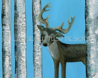Deer painting print, Acrylic, Reindeer art, 8 x 10" Giclee, Animal collage, Woodland nursery art, Birch trees, Cabin art