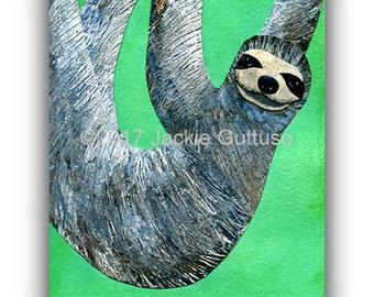 5 x 7" 3 toed Sloth art print, Giclee, Collage, Acrylic animal art, Nursery decor, Amazon rainforest animal painting print, Sloth lover gift