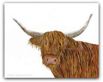 Impresión de arte de vaca de las tierras altas, Giclee de 8 x 10", Arte de collage de animales, Arte de pared de vivero de granja, Decoración de vaca, Pintura acrílica