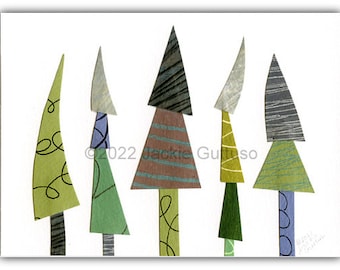 Whimsical Christmas tree painting print, 5 x 7", Acrylic, Giclee, Collage, Modern holiday decor, Winter nursery art