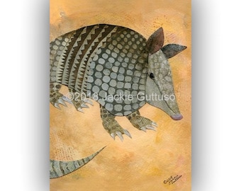 Acrylic armadillo art print, Giclee 5 x 7", Southwest animal nursery art, Texas animal decor, Animal collage, Western animal painting print