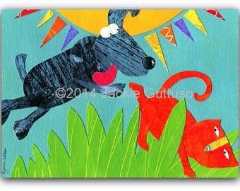 Colorful dog and cat art, 5 x 7" Giclee, Whimsical cat, Cat lover gift under 30, Dog gift, Acrylic painting print, Dog chasing cat collage