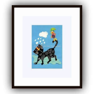 May include: A black cat with white spots runs through a blue puddle of water. A small yellow bird with a green umbrella stands on the cat's tail. The background is a light blue sky with a white cloud and raindrops.