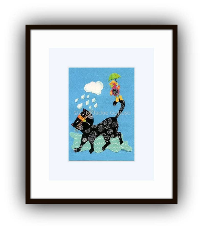 May include: A black cat with white spots runs through a blue puddle of water. A small yellow bird with a green umbrella stands on the cat's tail. The background is a light blue sky with a white cloud and raindrops.