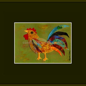 May include: A colorful rooster art print. The artwork features a rooster with a yellow body, red comb, and a vibrant tail with blue, orange, and black accents. The background is a textured green. The print is framed in a dark green mat.