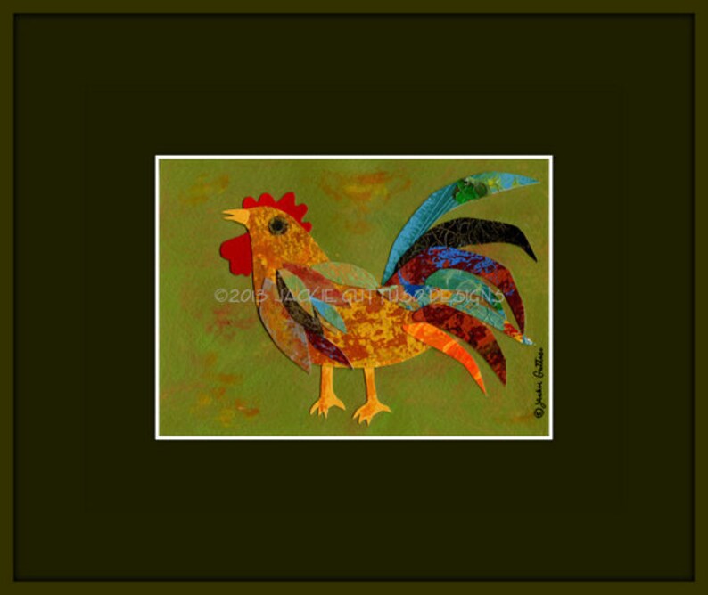 May include: A colorful rooster art print. The artwork features a rooster with a yellow body, red comb, and a vibrant tail with blue, orange, and black accents. The background is a textured green. The print is framed in a dark green mat.