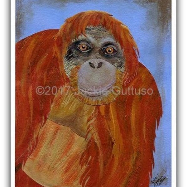 Orangutan art print, 8 x 10" Giclee, Collage, Jungle animal nursery art, Illustration, Acrylic ape painting print, Rainforest animal, Decor