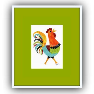 Colorful rooster art print, 5 x 7 Giclee, Collage, Chicken art, Acrylic painting print, Farmhouse kitchen, Farm animal nursery, Rooster gift image 6