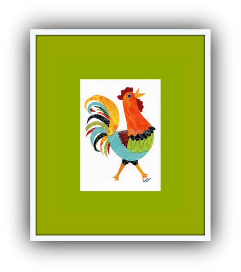 Colorful rooster art print, 5 x 7 Giclee, Collage, Chicken art, Acrylic painting print, Farmhouse kitchen, Farm animal nursery, Rooster gift image 6