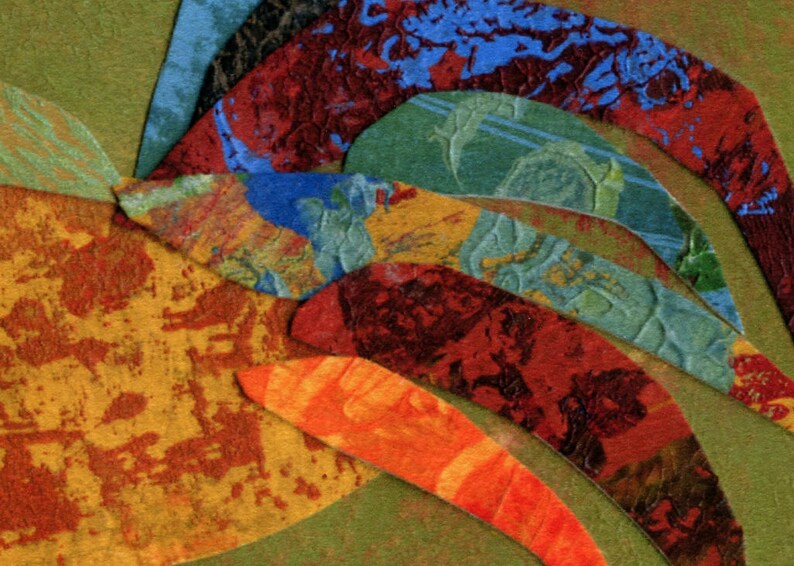 May include: Abstract artwork featuring layered, textured paper in various colors. The composition includes curved shapes in shades of orange, red, blue, and green, creating a dynamic and colorful design. The artwork has a handmade, artistic feel.