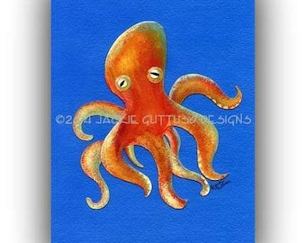 Octopus art, Archival print 5 x 7", Acrylic octopus painting print, Ocean art, Nautical kids art, Teen art, Sea animal collage, Beach decor