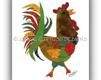 Acrylic rooster painting print, 8 x 10" Giclee print, Collage, Farm animal art, Rooster kitchen wall art