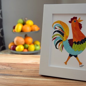 Colorful rooster art print, 5 x 7 Giclee, Collage, Chicken art, Acrylic painting print, Farmhouse kitchen, Farm animal nursery, Rooster gift image 4