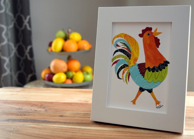 Colorful rooster art print, 5 x 7 Giclee, Collage, Chicken art, Acrylic painting print, Farmhouse kitchen, Farm animal nursery, Rooster gift image 4