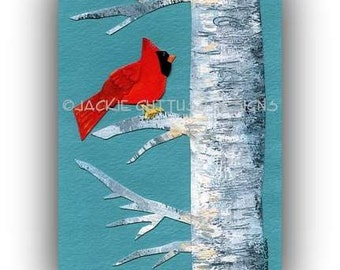 Cardinal art print, Giclee 5 x 7", Red cardinal in birch tree, Bird art, Acrylic painting print, Cardinal collage art, Cardinal decor gift