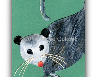 Possum art print, 5 x 7" Giclee, Woodland nursery art, Opossum gift, Forest animal art, Possum collage, Acrylic painting print, Cabin decor