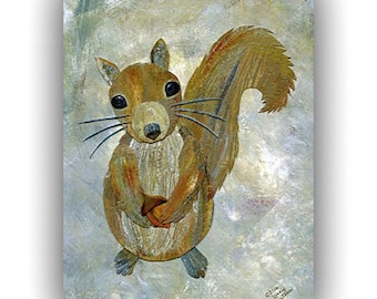Squirrel art print 5x7, Giclee, Acorn, Fall woodland nursery decor, Fall art, Forest animal collage, Acrylic painting, Mountain animal decor