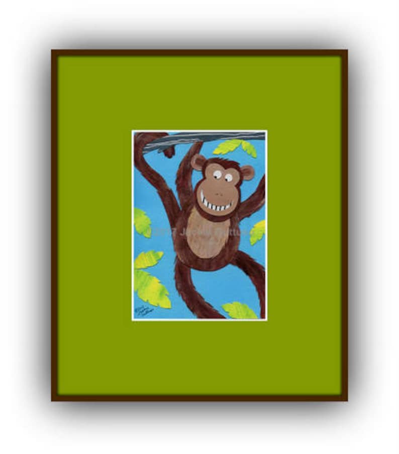 Acrylic monkey painting print 5 x 7 Giclee Jungle animal nursery decor Whimsical brown monkey Safari animal collage art Monkey collage
