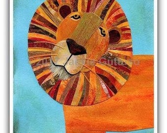 Impresión de pintura acrílica de león de 8 x 10 pulgadas, Giclée, arte de pared con collage de león, decoración de habitación de safari, arte infantil de animales de la jungla, impresión artística de león, regalo de Leo