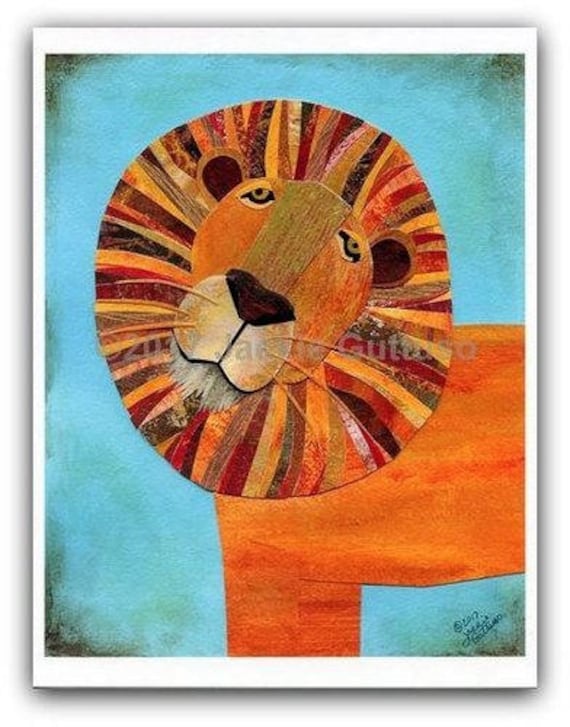 8 x 10" Acrylic lion painting print, Giclee, Lion collage wall art, Safari room decor, Jungle animal nursery art, Lion art print, Leo gift