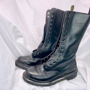 14 Hole Black Leather Unisex Doc Marten Boots, Size 5US Men&#39;s, Made in China