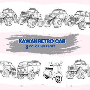 Pagine da colorare di auto retrò classiche Kawii per adulti / Libro da colorare digitale stampabile