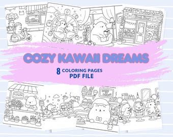 Libro para colorear kawaii acogedor: calles de la ciudad y escenas de tiendas para relajarse (patrón PDF)