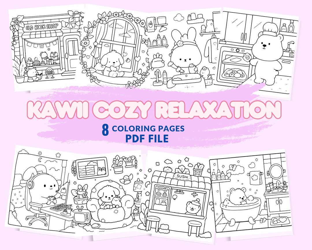 Kawaii Cozy Relaxation Coloring Book for Adults Animal Pages to Unwind ...