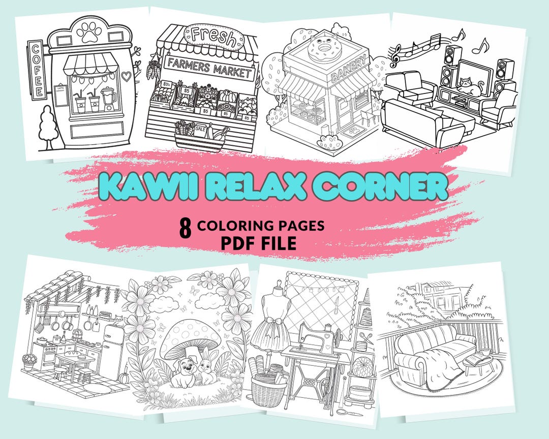 Kawaii Relax Corner Coloring Pages for Adults | Printable Digital ...