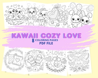 Kawaii Cozy Love Coloring Pages for Adults | Printable Digital Coloring Book