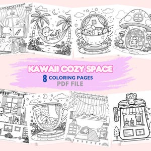 Pagine da colorare Kawaii Cozy Space per adulti / Libro da colorare digitale stampabile