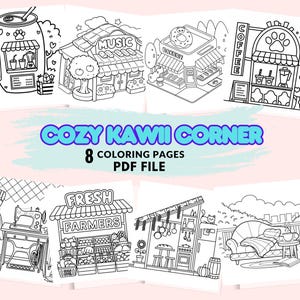 Pagine da colorare Cozy Kawii Corner per adulti / Libro da colorare digitale stampabile